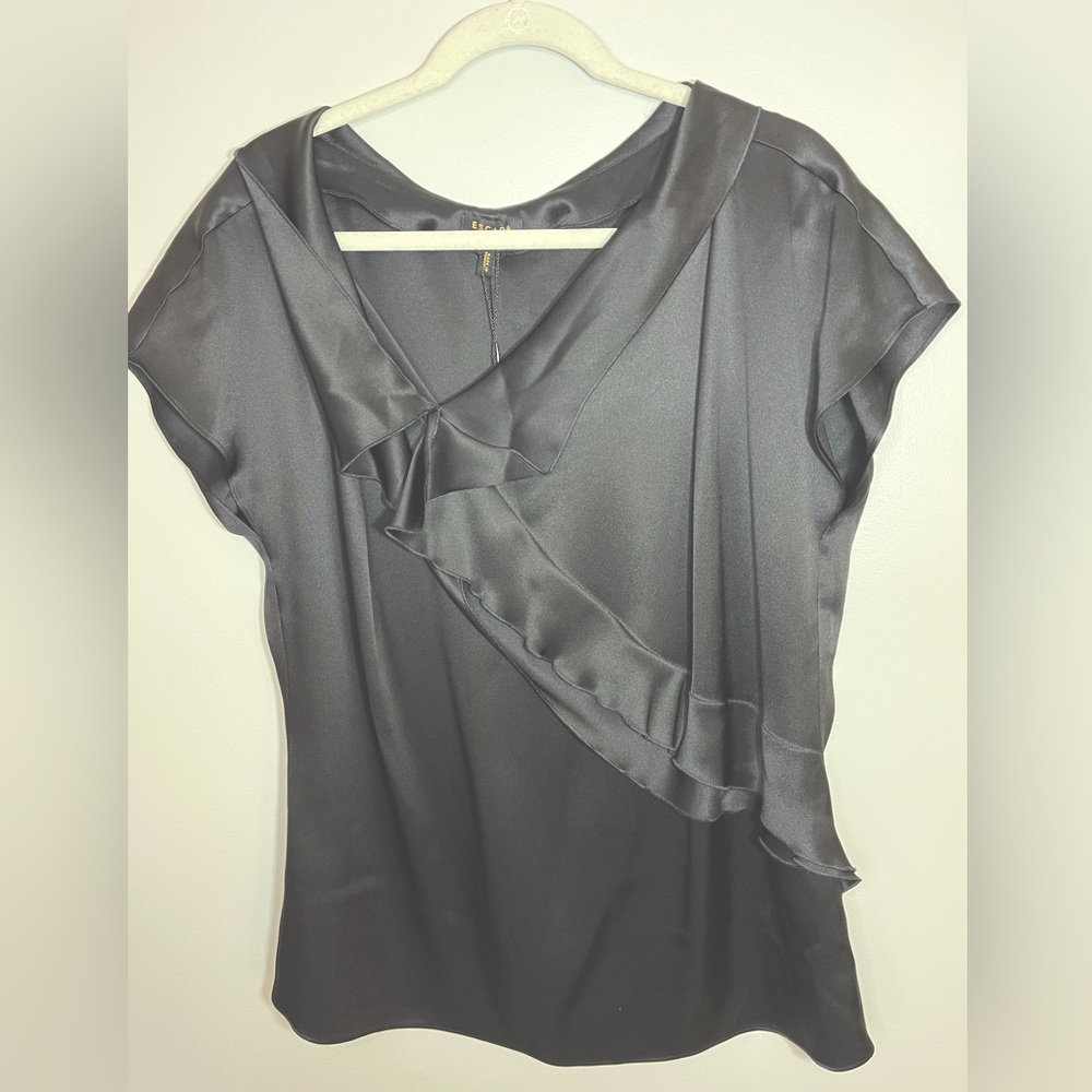 NWT Escada Black Silk Asymmetrical Ruffle Women’s Blouse Size 46 (14)